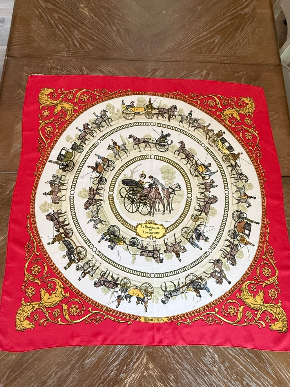 Hermes Red, Cream & Gold Horse Carriage Silk Scarf